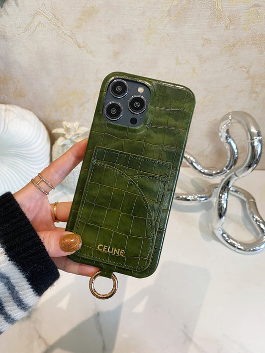 Alligator Print Celine iPhone-fodral med korthållare och rem Grön -EYP241415