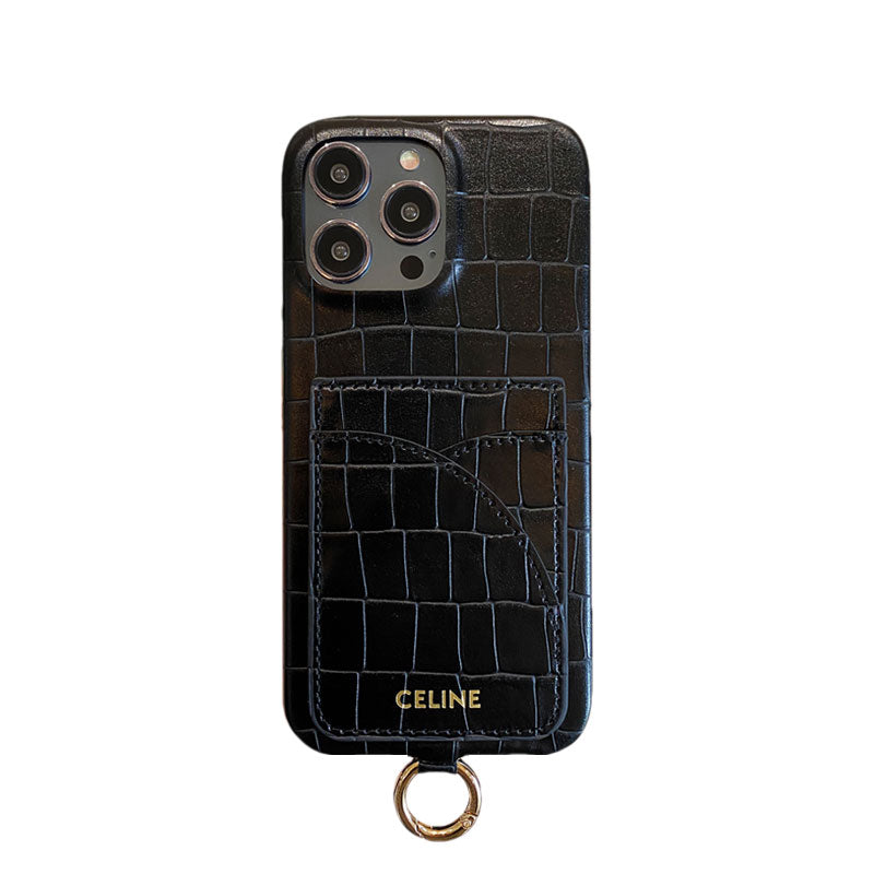 Celine maska ​​za iPhone s uzorkom aligatora s držačem kartice i remenom, smeđa -EYP241415