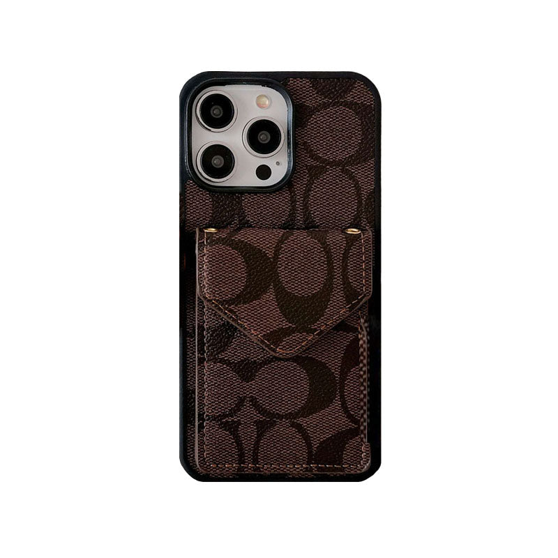 Capa clássica para iPhone com porta-cartões e alça marrom claro -SJ240513