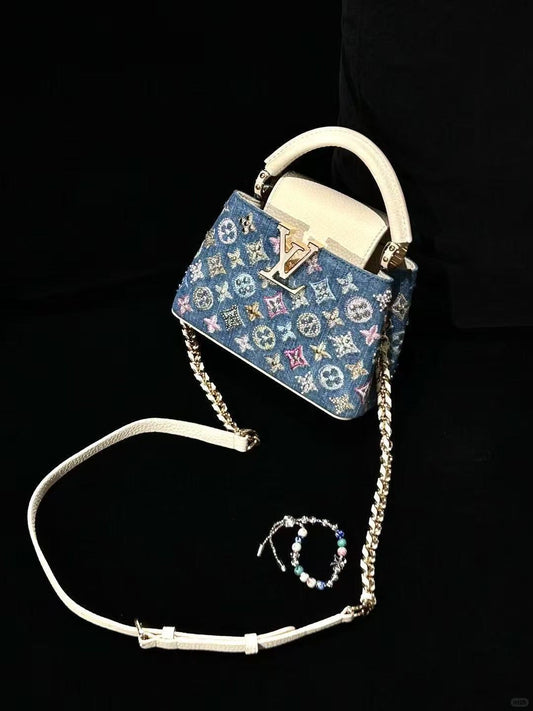 Luxury Denim Embellished Capucines Mini Bag