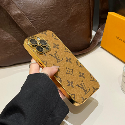 奢華經典字母圖案 iPhone 手機殼，帶電鍍金邊