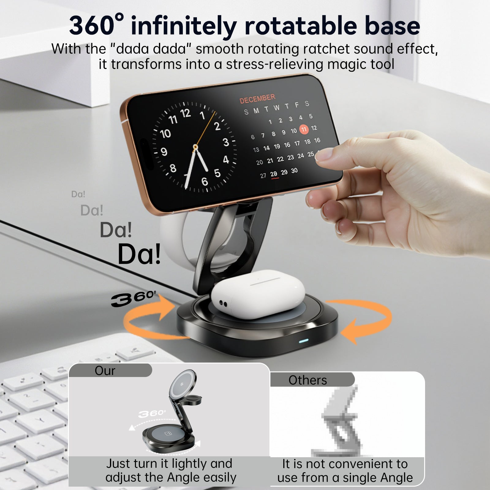 QI2.2 Magnetic Wireless Charger, Zinc Alloy 360° Rotating Stand Charger