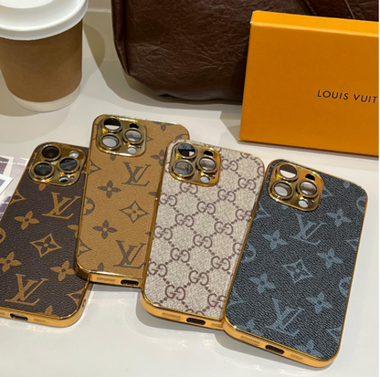 奢華經典字母圖案 iPhone 手機殼，帶電鍍金邊