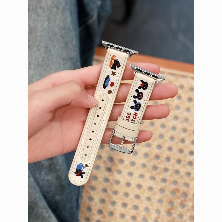 Embroidered rabbit canvas leather Apple Watch strap