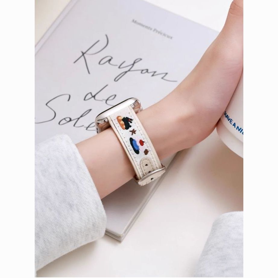 Embroidered rabbit canvas leather Apple Watch strap
