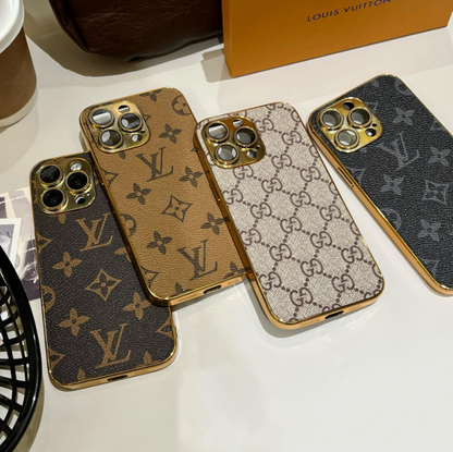 奢華經典字母圖案 iPhone 手機殼，帶電鍍金邊