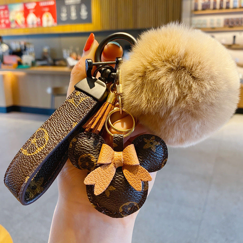 Porte-clés Mickey de luxe – Faux cuir & Charme Pom en fourrure pour sac à main ou voiture
