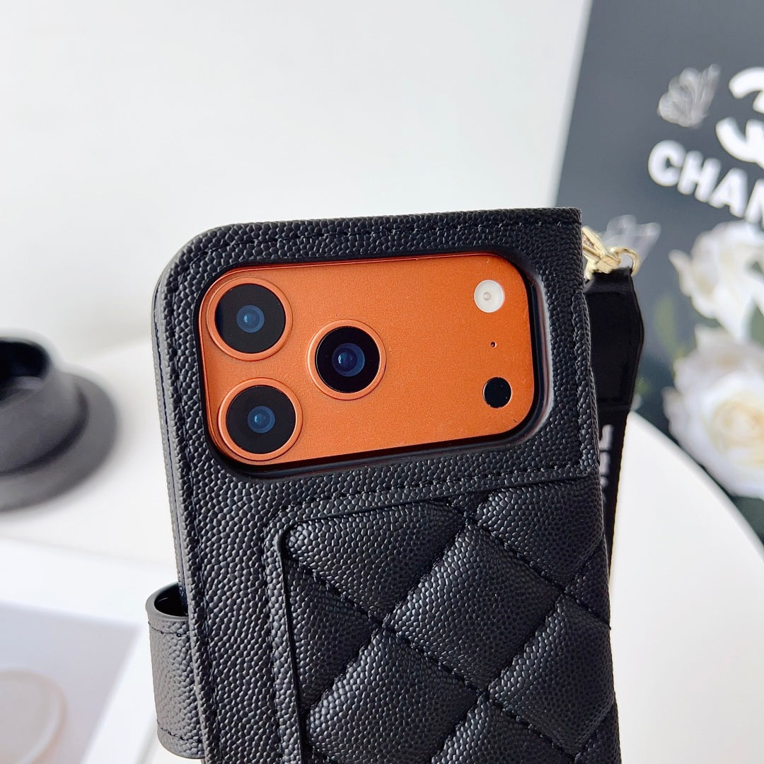 Diamond Quilted Leather Flip Phone Wallet Case with Wrist Strap