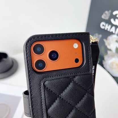Diamond Quilted Leather Flip Phone Wallet Case with Wrist Strap