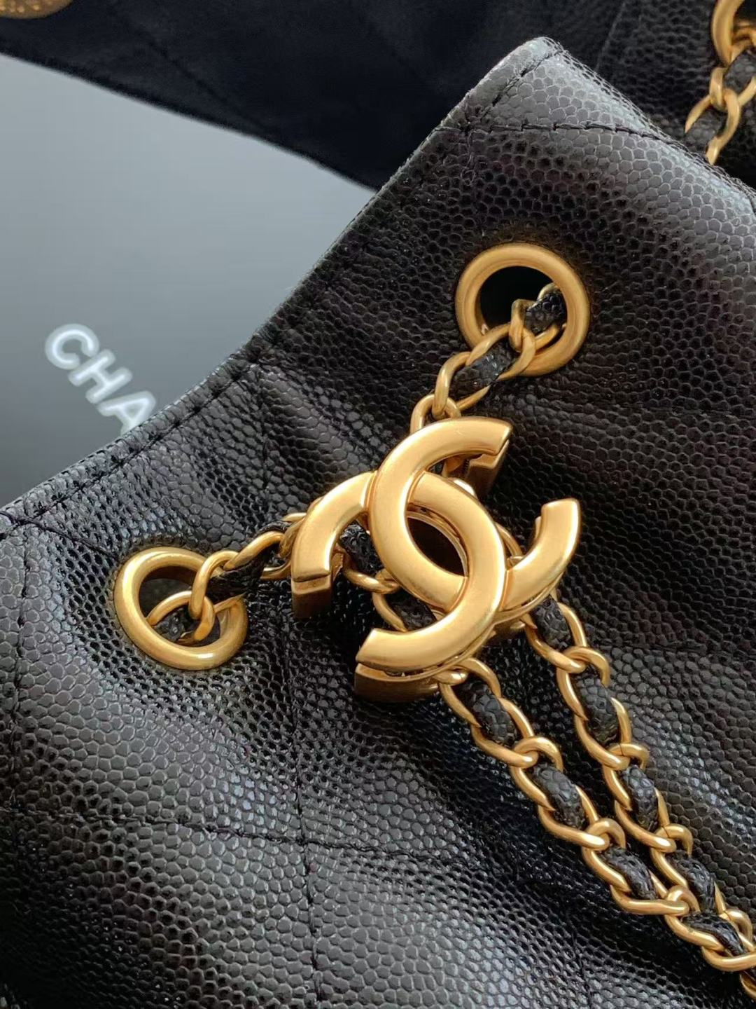 Bolsa pequena CC 25 em couro de bezerro granulado & Bolsa de metal dourado