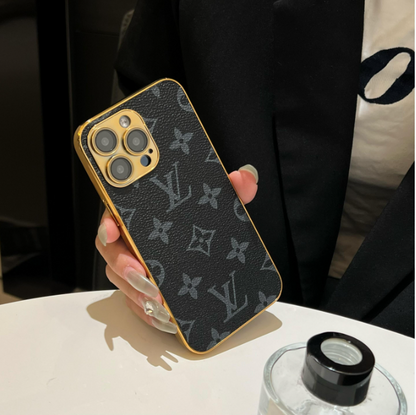 奢華經典字母圖案 iPhone 手機殼，帶電鍍金邊