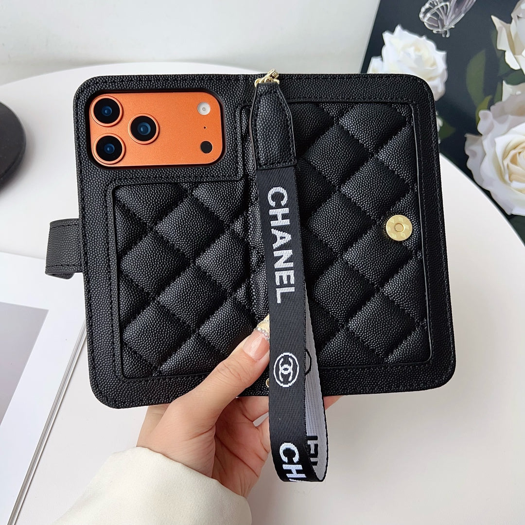 Diamond Quilted Leather Flip Phone Wallet Case with Wrist Strap