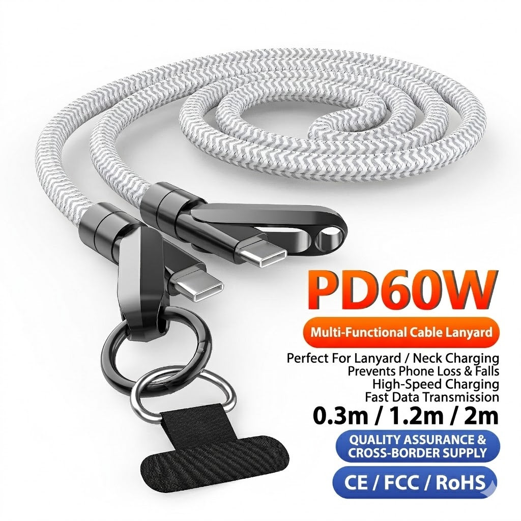 Lanyard Charging Cable – 60W Fast Charge USB-C & Lightning (Anti-Loss Strap)
