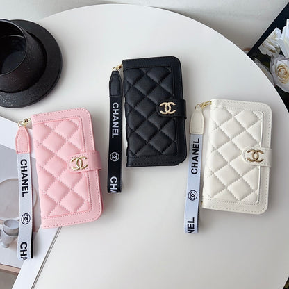Diamond Quilted Leather Flip Phone Wallet Case with Wrist Strap