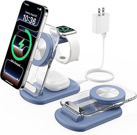 3 in 1 Magnetic Wireless Charging Station for Apple Devices, Fast Foldable Travel Mag-Safe Charger Stand