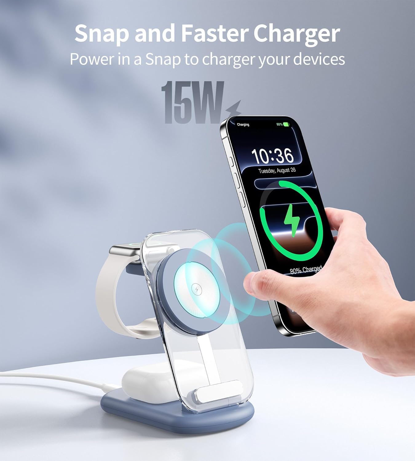 3 in 1 Magnetic Wireless Charging Station for Apple Devices, Fast Foldable Travel Mag-Safe Charger Stand