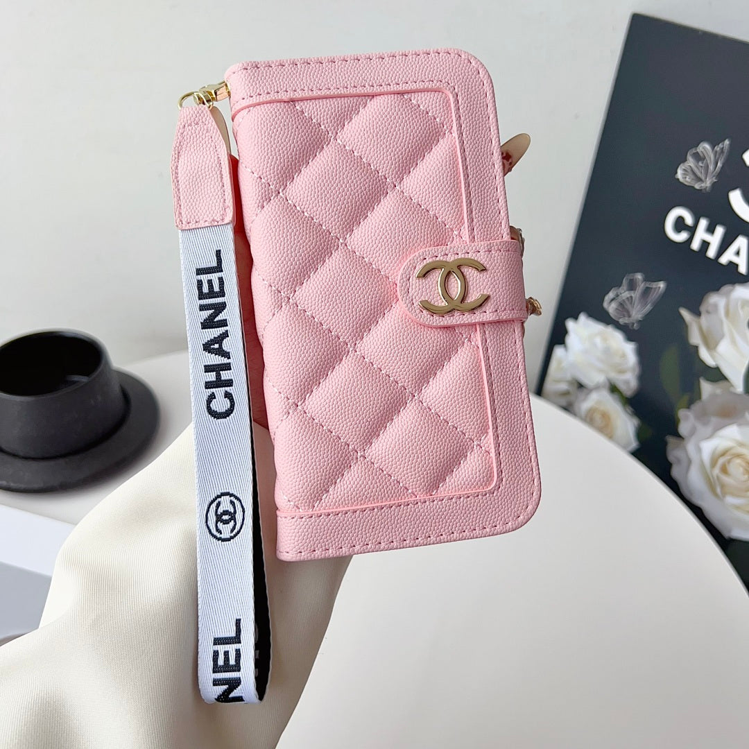 Diamond Quilted Leather Flip Phone Wallet Case with Wrist Strap