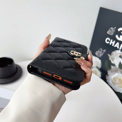 Diamond Quilted Leather Flip Phone Wallet Case with Wrist Strap