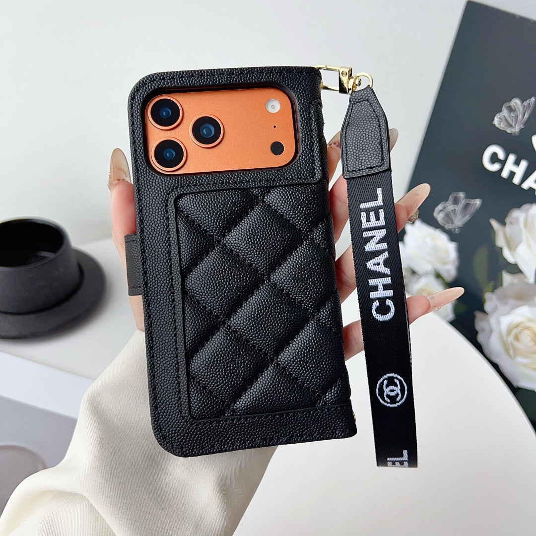 Diamond Quilted Leather Flip Phone Wallet Case with Wrist Strap
