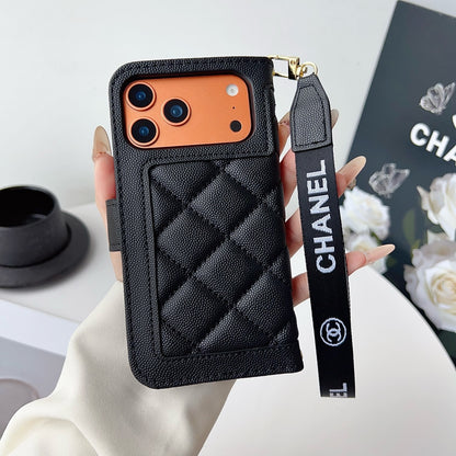 Diamond Quilted Leather Flip Phone Wallet Case with Wrist Strap