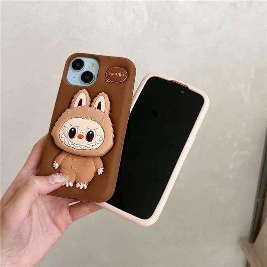 Prikupna risanka Labubu Zimomo Silikon s stojalom | Rjava/roza - etui za iPhone