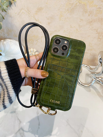 Pouzdro na iPhone Alligator Print Celine s držákem karty a popruhem zelené -EYP241415