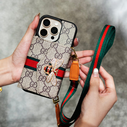 Ardchás iPhone Crossbody Préimh le Sealbhóir Cárta & Strap Gualainn