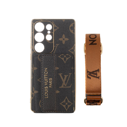 Cás Préimh Leathar Samsung le Sealbhóir Cárta & Strap Wrist