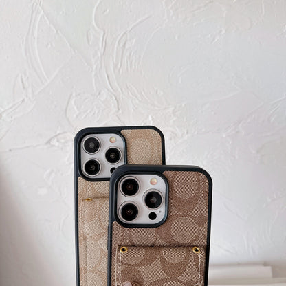 Capa clássica para iPhone com porta-cartões e alça marrom claro -SJ240513