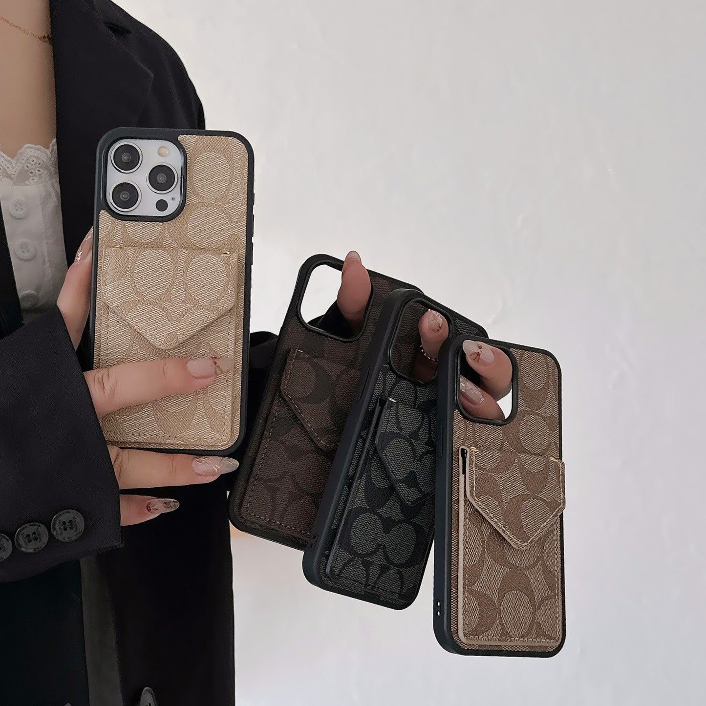 Capa clássica para iPhone com porta-cartões e alça preta clara -SJ240513