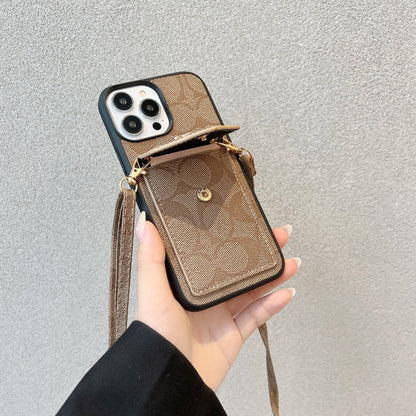 Capa clássica para iPhone com porta-cartões e alça marrom claro -SJ240513