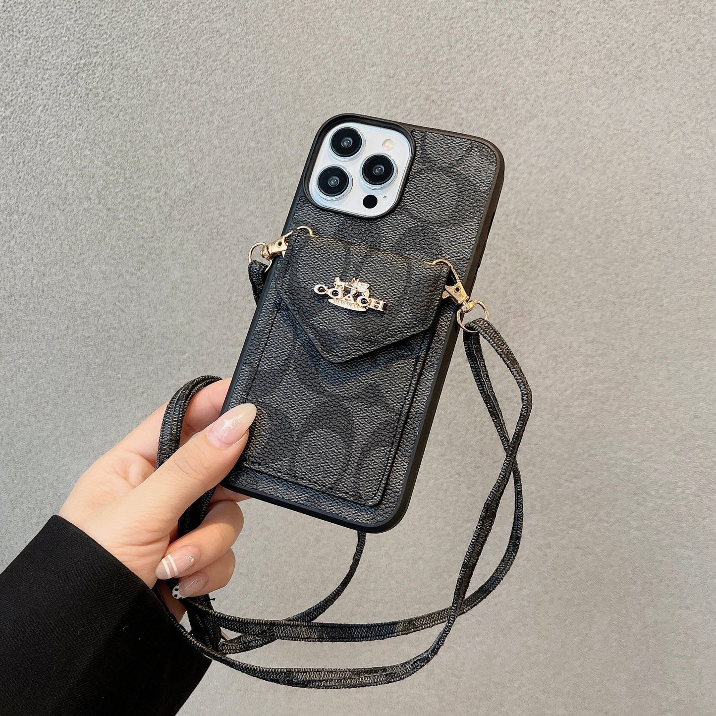 Capa clássica para iPhone com porta-cartões e alça preta clara -SJ240513