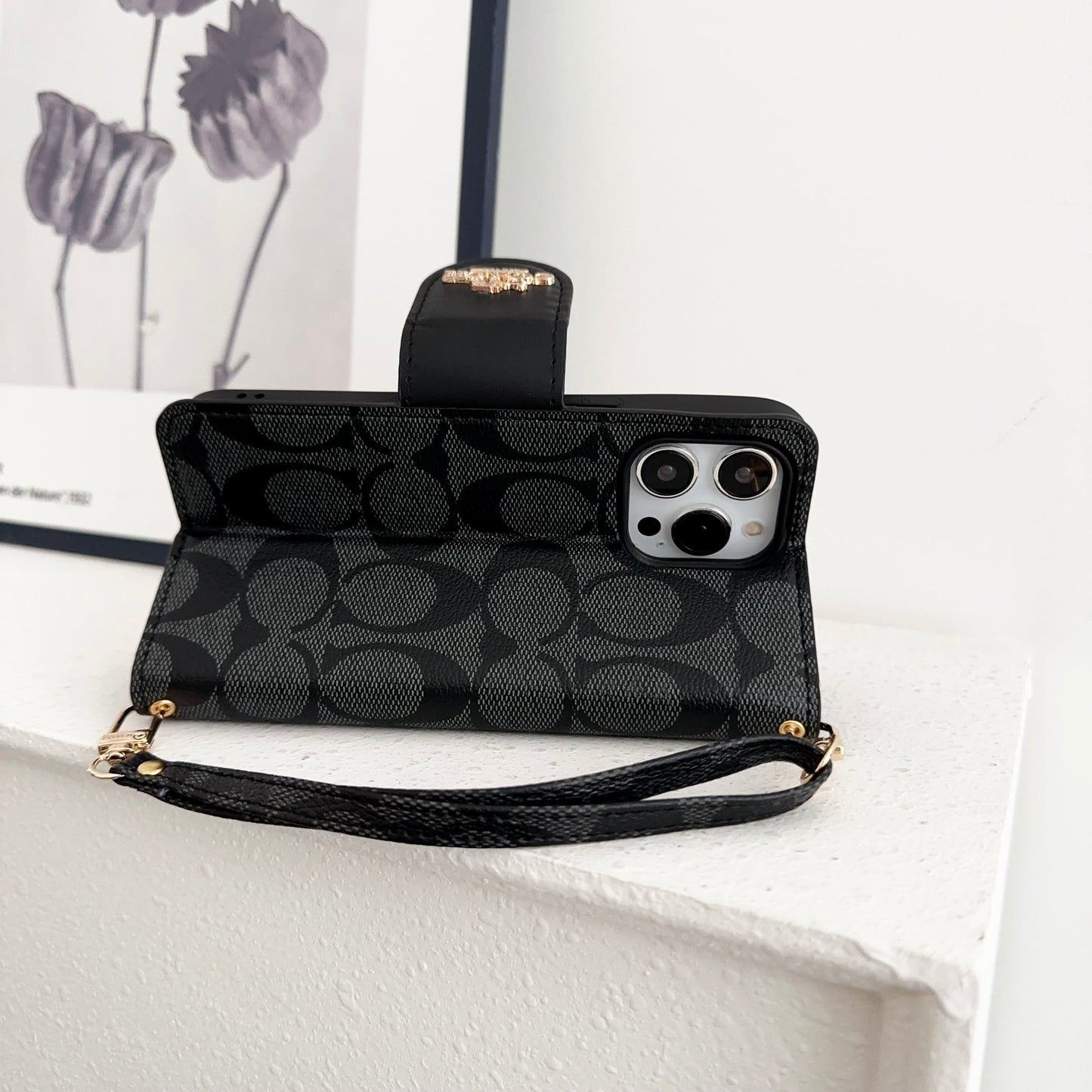 Klassisk iPhone Case Læder Flip Case med kortholder Sort
