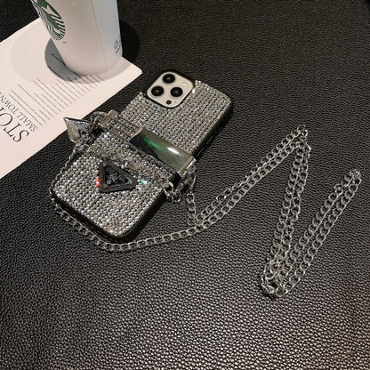 Custodia per iPhone di lusso con catena a tracolla con diamanti