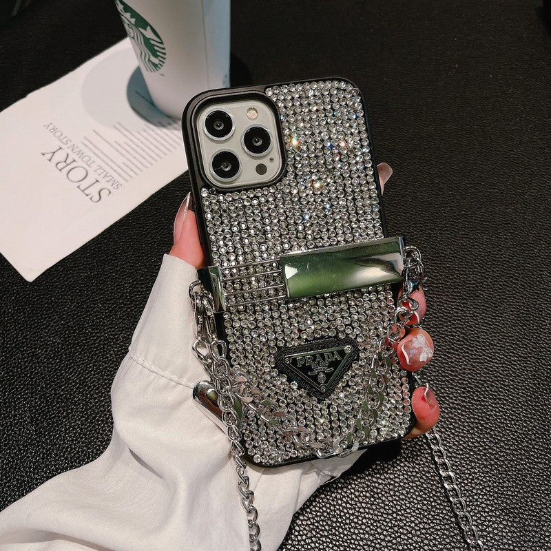 Custodia per iPhone di lusso con catena a tracolla con diamanti