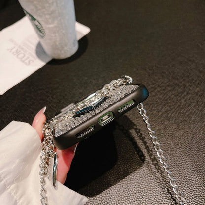 Custodia per iPhone di lusso con catena a tracolla con diamanti
