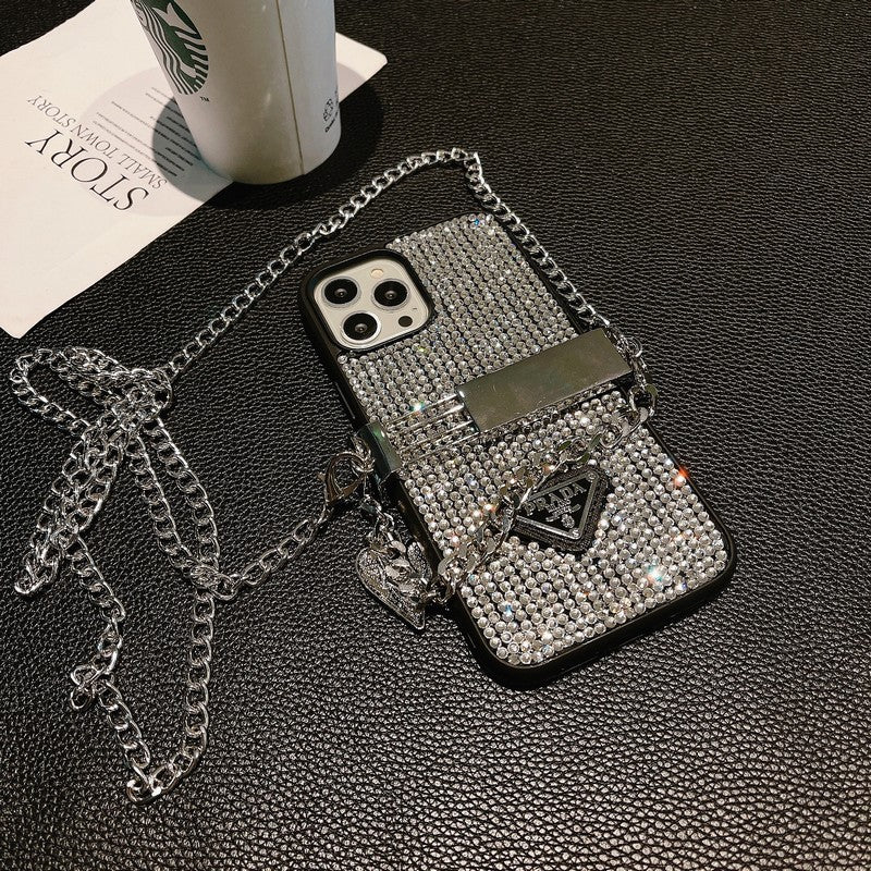 Custodia per iPhone di lusso con catena a tracolla con diamanti