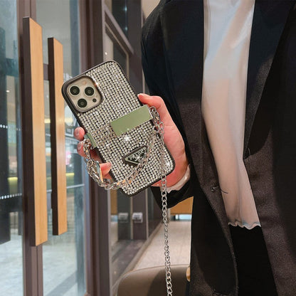 Custodia per iPhone di lusso con catena a tracolla con diamanti