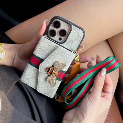 Ardchás iPhone Crossbody Préimh le Sealbhóir Cárta & Strap Gualainn