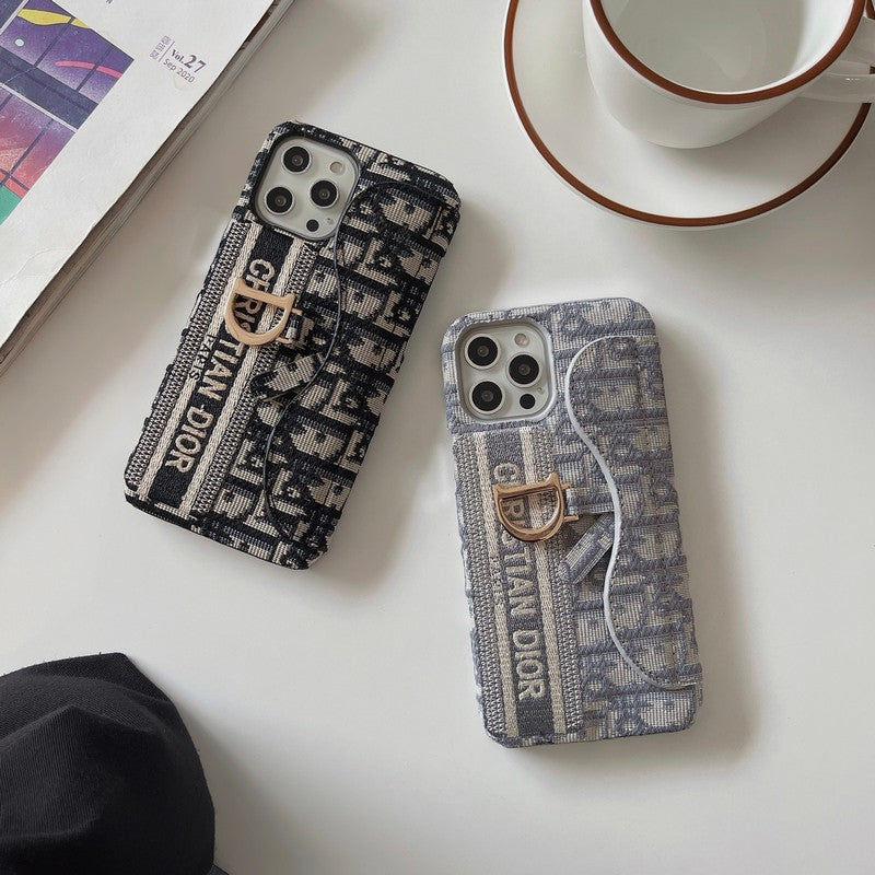 ファッション ブラック & グレー ファブリック カード バッグ iPhone ケース