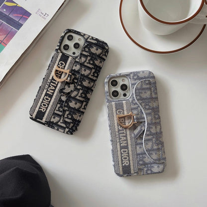 ファッション ブラック & グレー ファブリック カード バッグ iPhone ケース