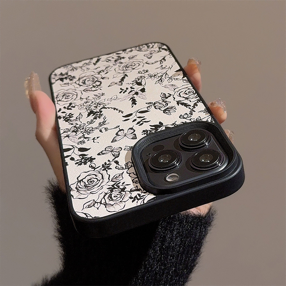 Temperament ins rose flower apple 15 mobile phone case 17pro max leather 11 for iPhone16 literature and art 12