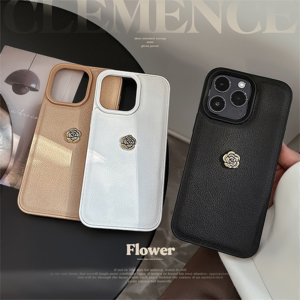 Light luxury camellia for Apple 16 mobile phone case iPhone17promax solid color lychee pattern 11 autumn and winter 13 hard