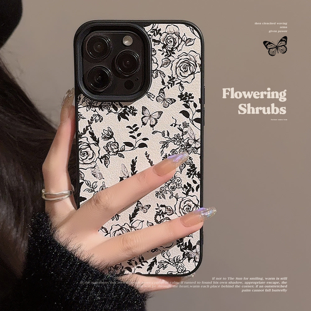 Temperament ins rose flower apple 15 mobile phone case 17pro max leather 11 for iPhone16 literature and art 12