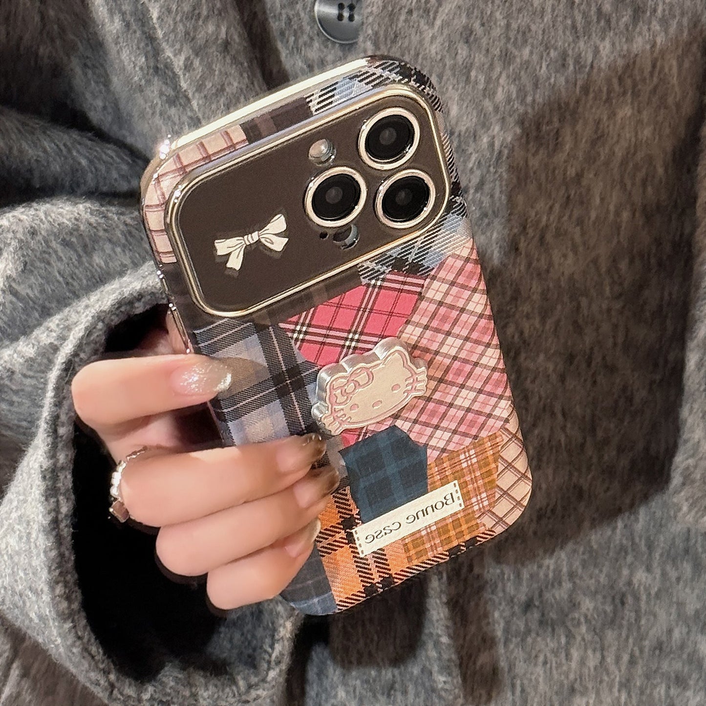 Retro plaid splicing cat 14 for 15promax mobile phone case Apple iphone16 three-dimensional 17 leather 13