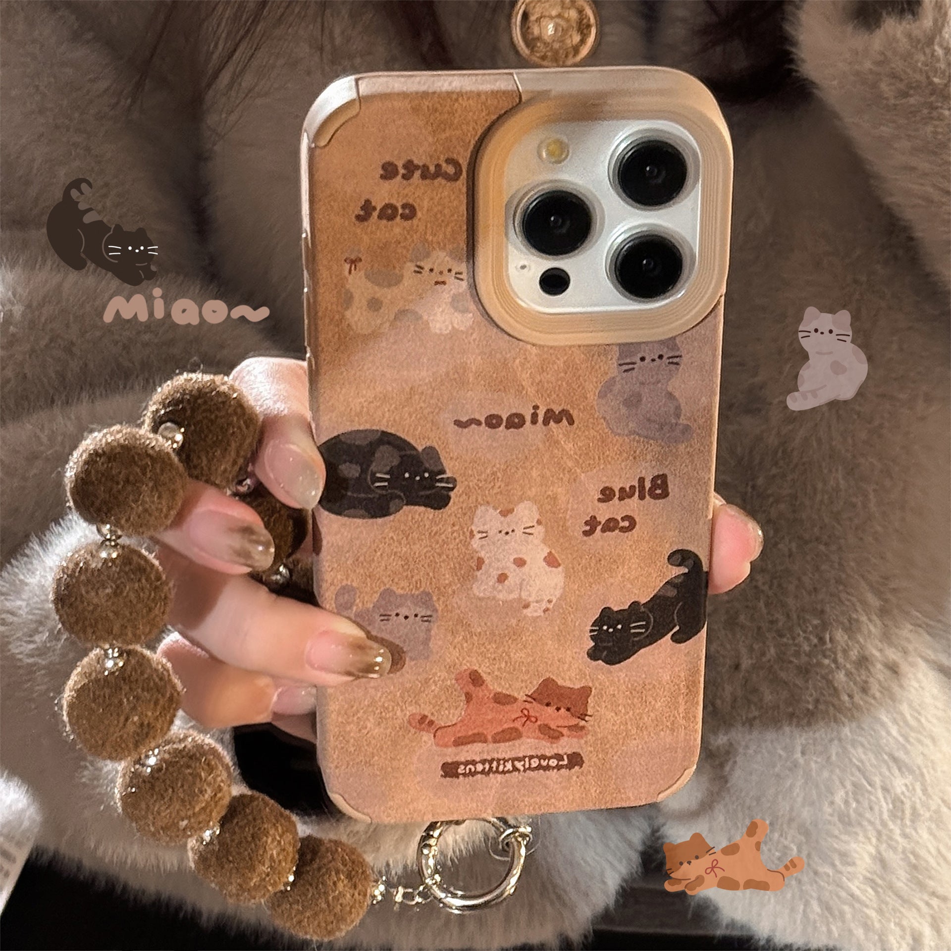 Leather cartoon for 16promax iPhone case iPhone 15 full screen cat 14 plush rope 17 autumn and winter