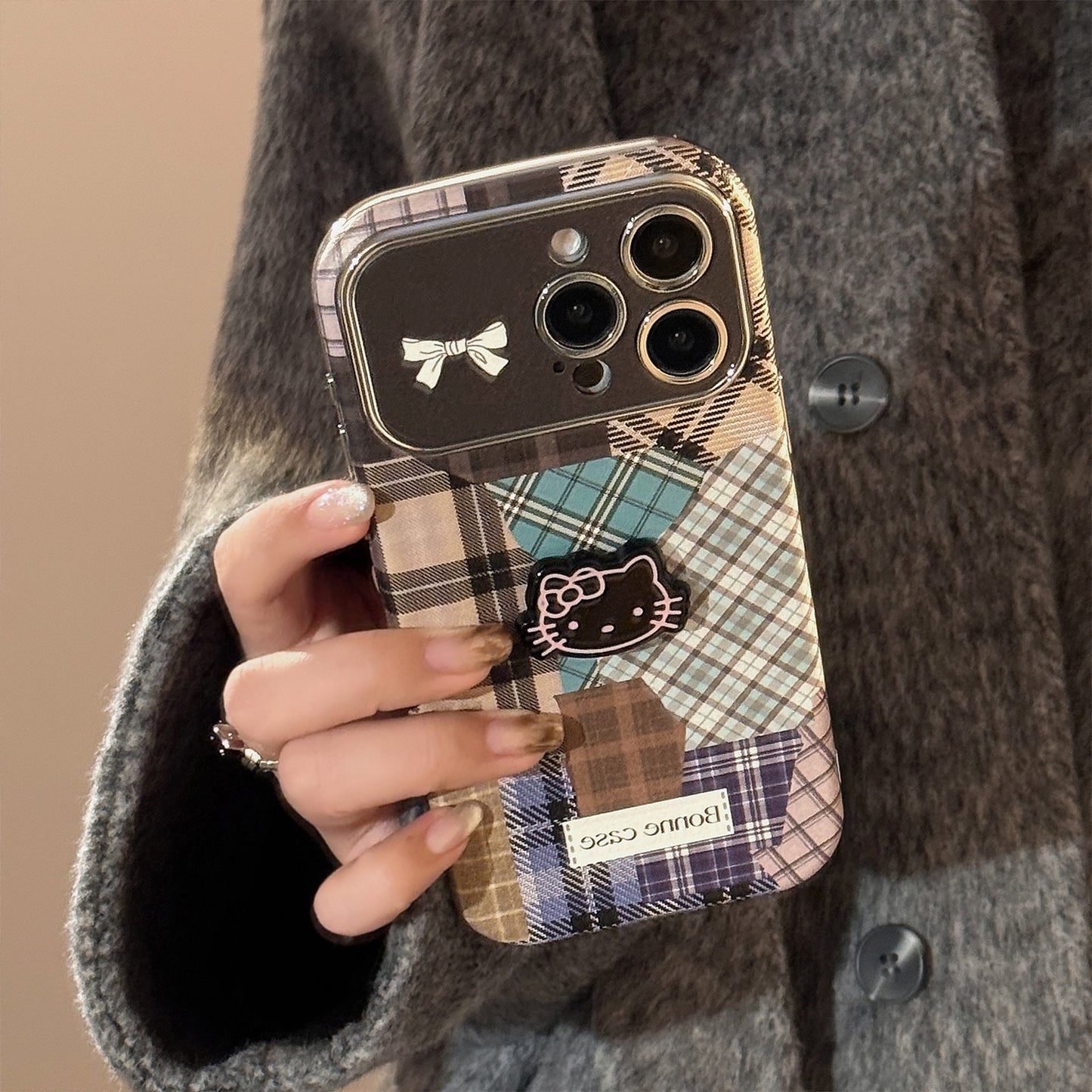 Retro plaid splicing cat 14 for 15promax mobile phone case Apple iphone16 three-dimensional 17 leather 13