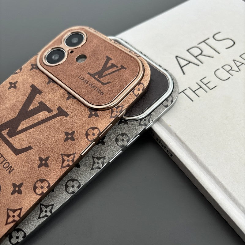 Capa luxuosa de couro marrom para iPhone de cor preta