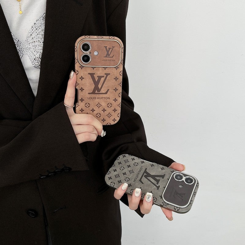 Capa luxuosa de couro marrom para iPhone de cor preta