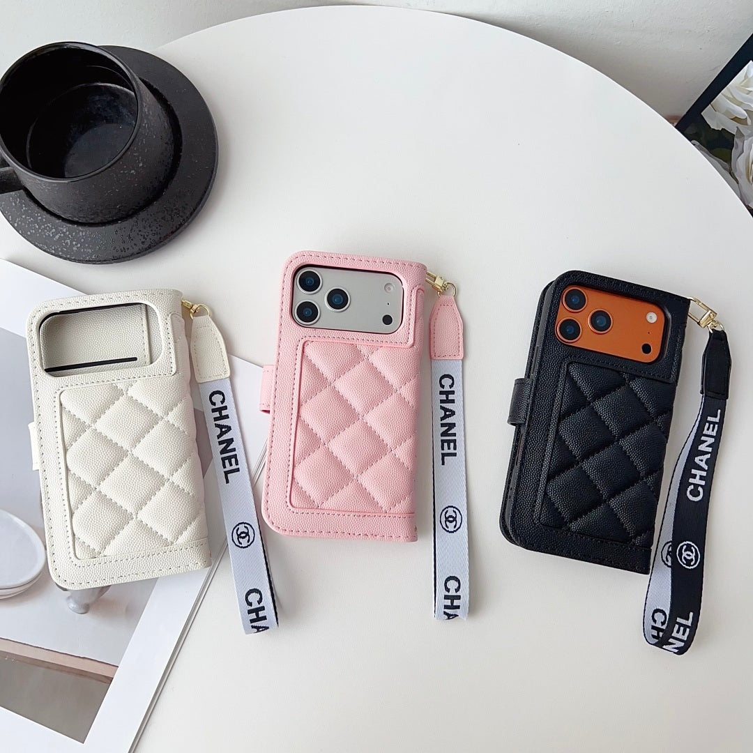 Diamond Quilted Leather Flip Phone Wallet Case with Wrist Strap
